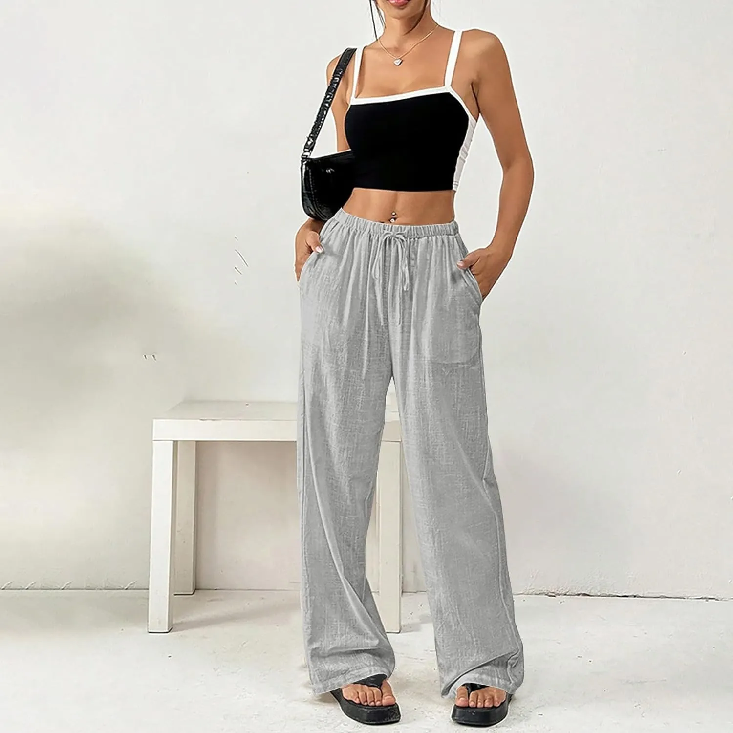 Women Summer Drawstring Pants Waist Wide Leg Pant Loose Cotton Linen Palazzo Trousers Casual Beach Long Clothes