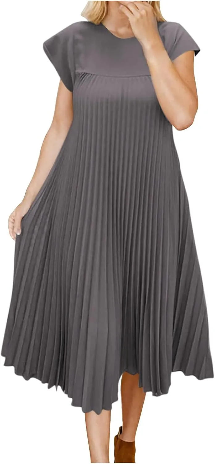 Women T Shirt Smocked Pleated Midi Dress 2025 Summer Plus Size Casual Short Sleeve Swing Dresses High Waist A-Line