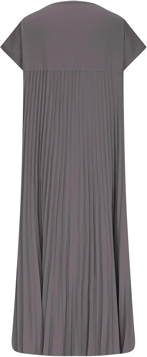 Women T Shirt Smocked Pleated Midi Dress 2025 Summer Plus Size Casual Short Sleeve Swing Dresses High Waist A-Line