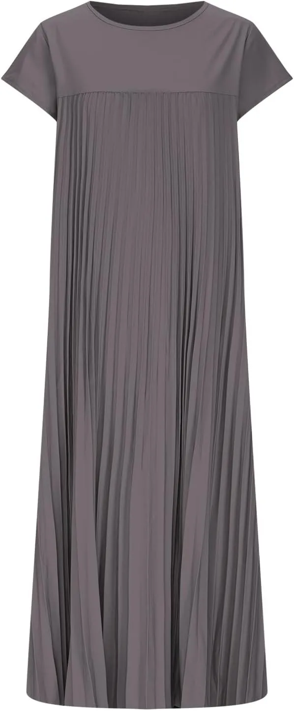 Women T Shirt Smocked Pleated Midi Dress 2025 Summer Plus Size Casual Short Sleeve Swing Dresses High Waist A-Line