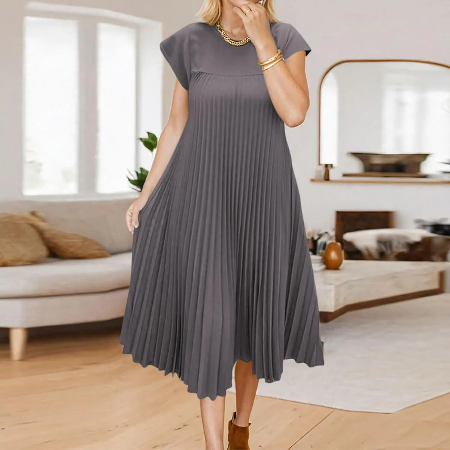Women T Shirt Smocked Pleated Midi Dress 2025 Summer Plus Size Casual Short Sleeve Swing Dresses High Waist A-Line