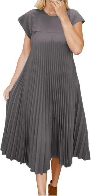 Women T Shirt Smocked Pleated Midi Dress 2025 Summer Plus Size Casual Short Sleeve Swing Dresses High Waist A-Line