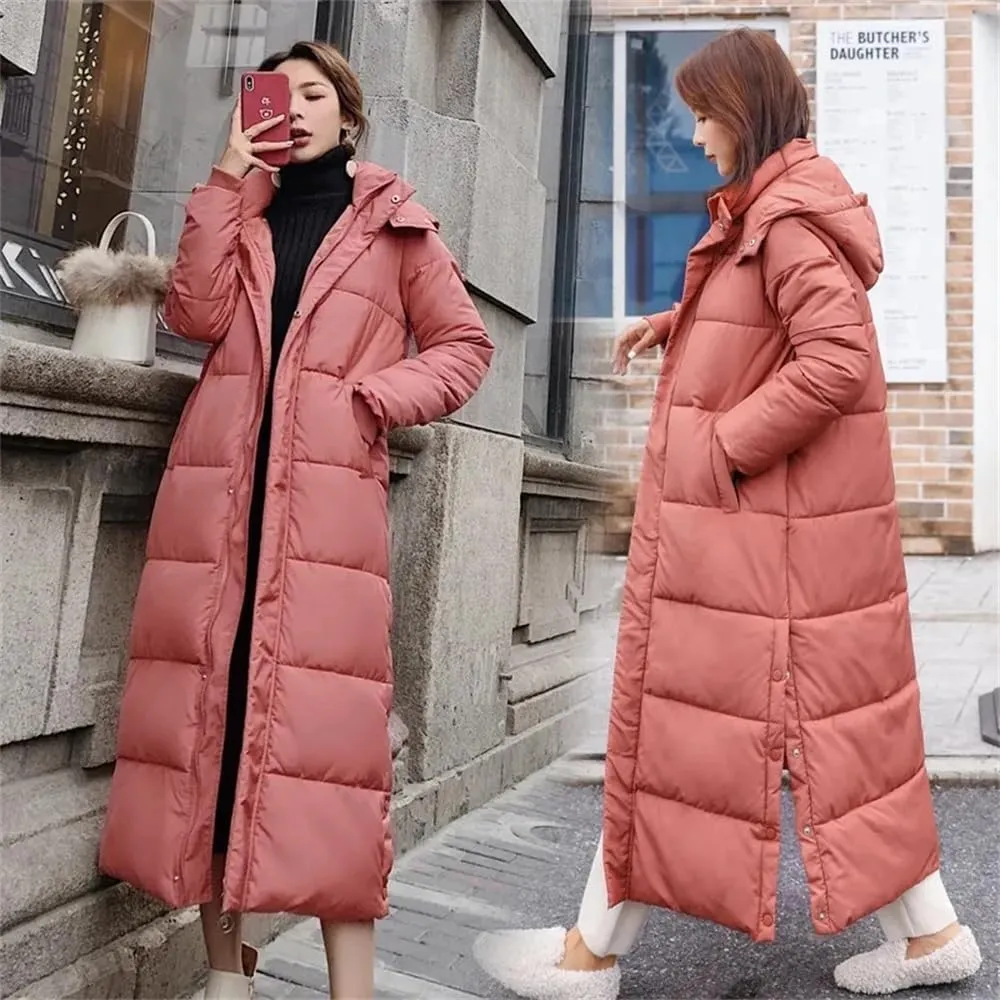 Women Thick Warm Oversized Down Cotton Jacket Casual Solid Long Hooded Cotton Padded Parkas Coat