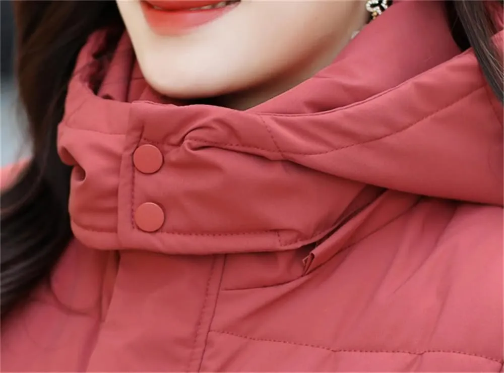 Women Thick Warm Oversized Down Cotton Jacket Casual Solid Long Hooded Cotton Padded Parkas Coat
