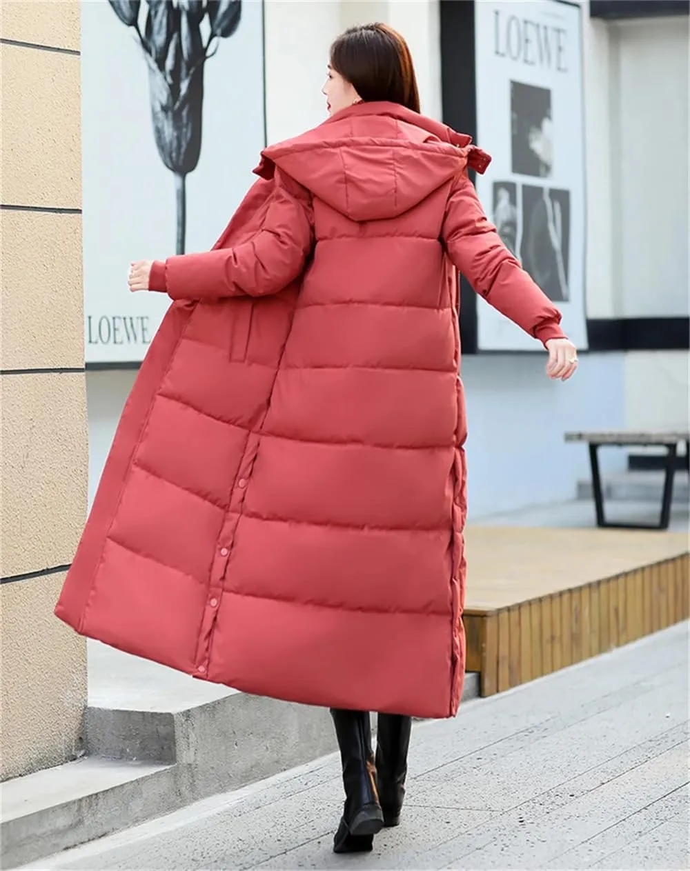 Women Thick Warm Oversized Down Cotton Jacket Casual Solid Long Hooded Cotton Padded Parkas Coat