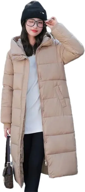 Women Warm Thicken Long Parka Jacket Winter Hooded Puffer Cotton Padded Coat With Pockets