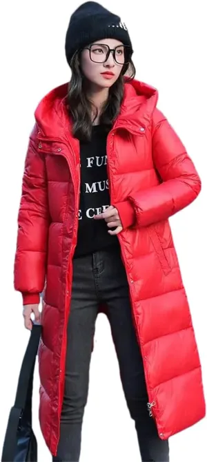 Women Warm Thicken Long Parka Jacket Winter Hooded Puffer Cotton Padded Coat With Pockets
