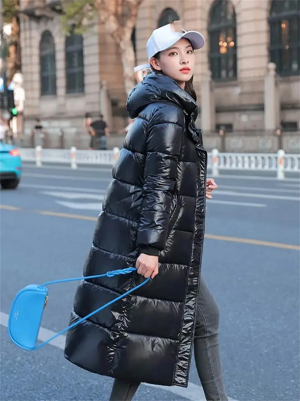 Women Warm Thicken Long Parka Jacket Winter Hooded Puffer Cotton Padded Coat With Pockets