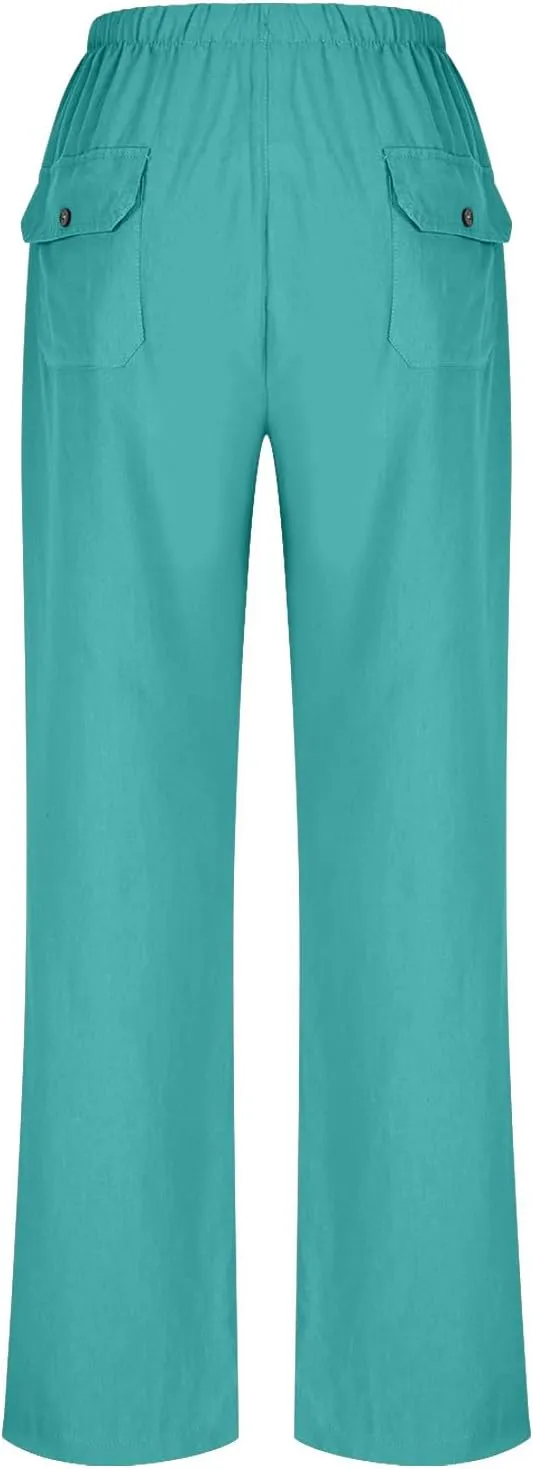 Women Wide Leg Linen Pants 2025 Summer Casual Jogging Pants Drawstring High Waisted Trousers with Pockets