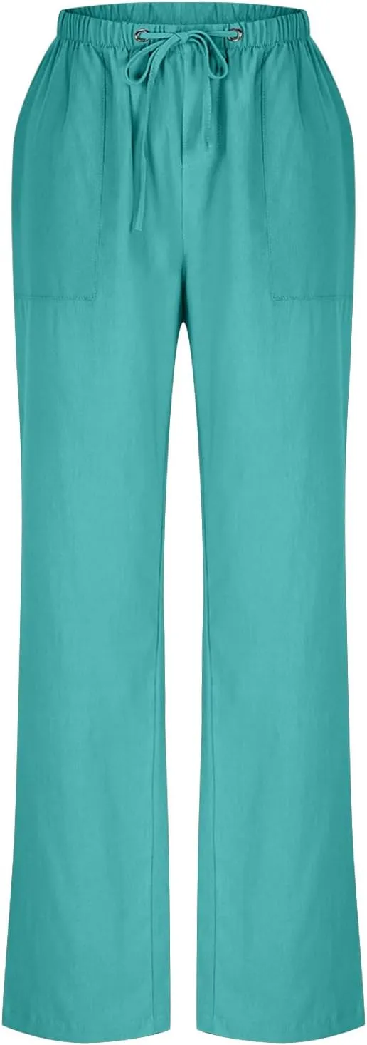 Women Wide Leg Linen Pants 2025 Summer Casual Jogging Pants Drawstring High Waisted Trousers with Pockets
