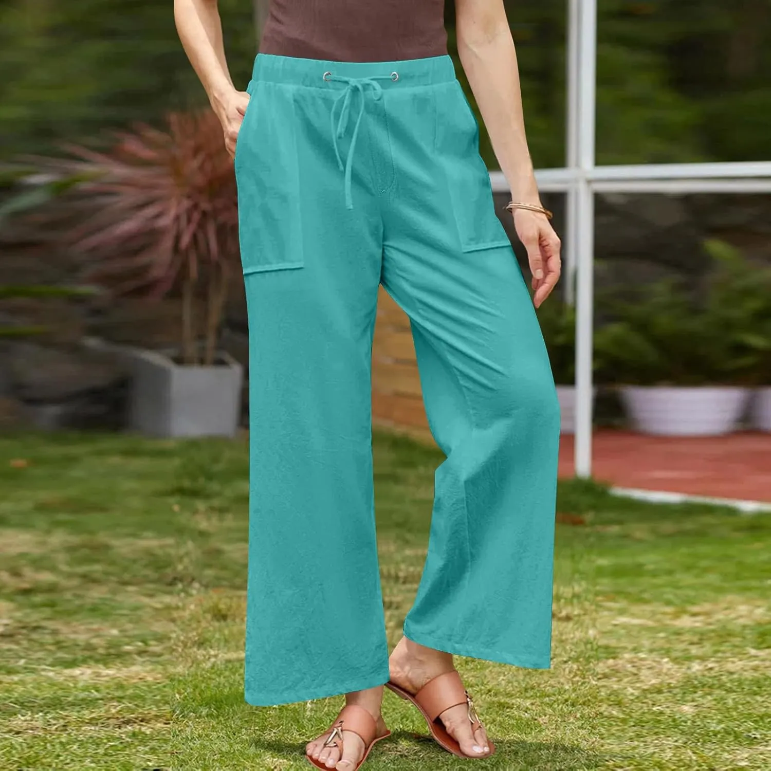 Women Wide Leg Linen Pants 2025 Summer Casual Jogging Pants Drawstring High Waisted Trousers with Pockets