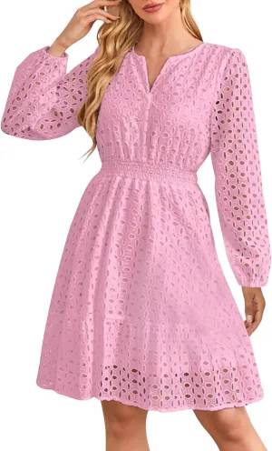 Women's 2024 Fall Long Sleeve Solid Mini Dress V Neck Hollow Out Eyelet Embroidery Ruffle A Line Swing Short Dresses
