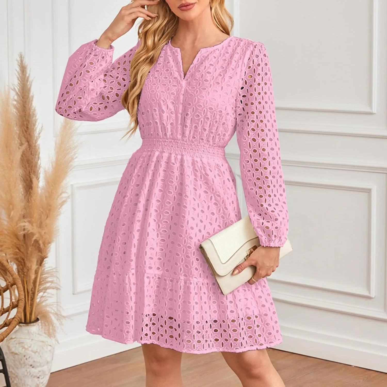 Women's 2024 Fall Long Sleeve Solid Mini Dress V Neck Hollow Out Eyelet Embroidery Ruffle A Line Swing Short Dresses