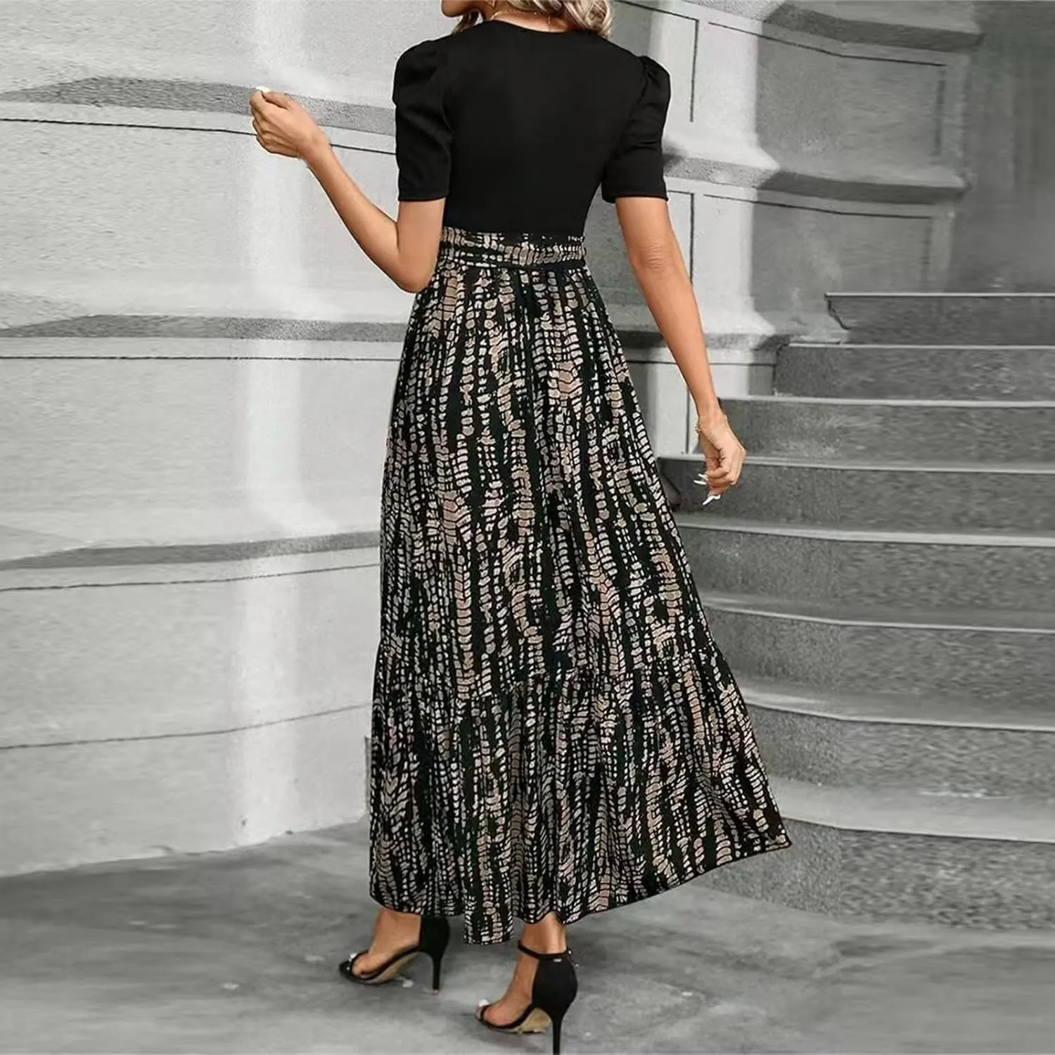Womens 2025 Floral Printed Maxi Dress Casual Long Flowy Dresses Ruffle Short Sleeve Summer Dresses with Pockets