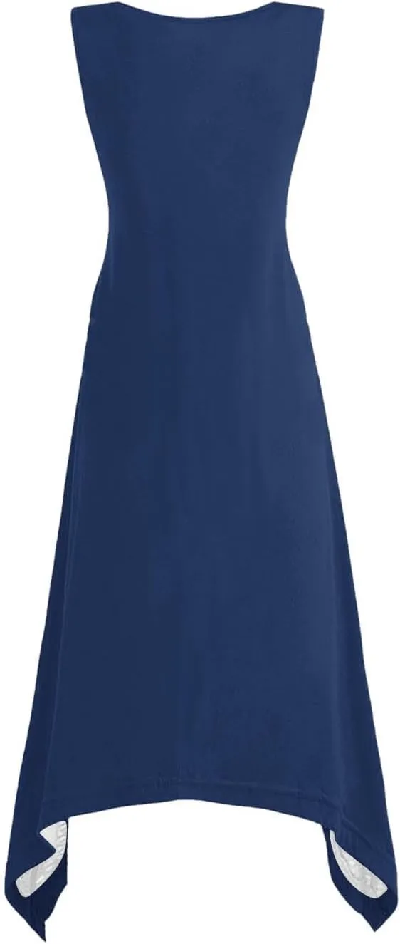 Womens 2025 Summer Casual Dresses Round Neck Sleeveless A Line Flowy Dress Irregular Hem Beach Vacation Midi Dress