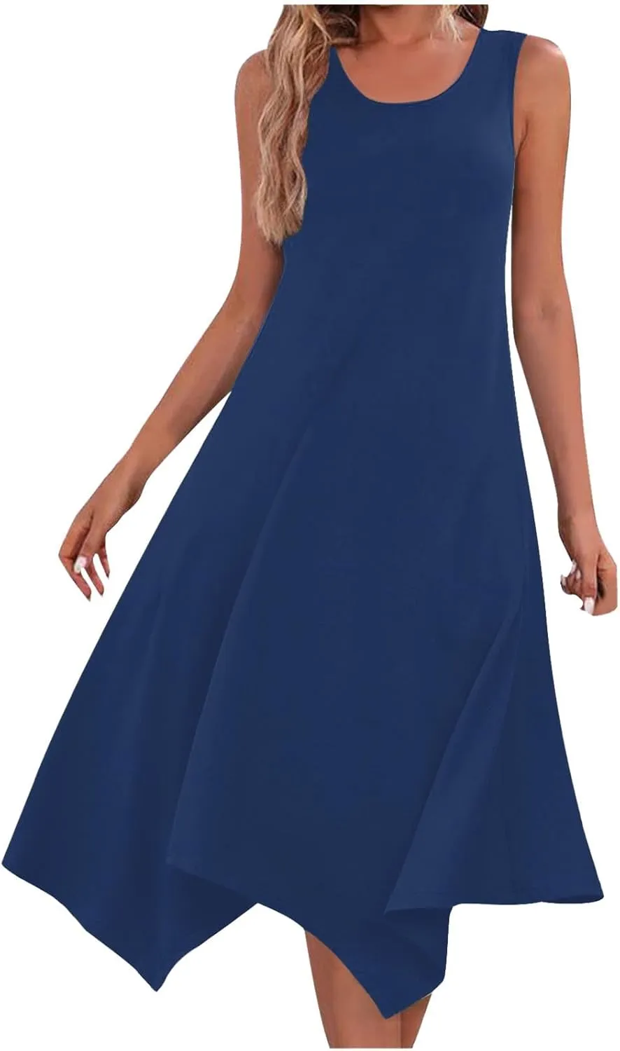 Womens 2025 Summer Casual Dresses Round Neck Sleeveless A Line Flowy Dress Irregular Hem Beach Vacation Midi Dress
