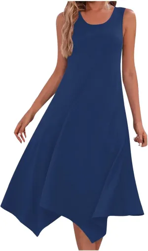 Womens 2025 Summer Casual Dresses Round Neck Sleeveless A Line Flowy Dress Irregular Hem Beach Vacation Midi Dress