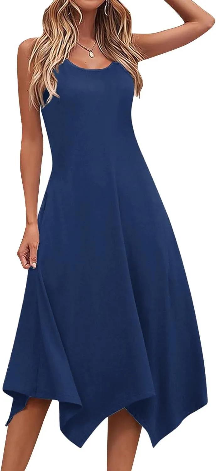 Womens 2025 Summer Casual Dresses Round Neck Sleeveless A Line Flowy Dress Irregular Hem Beach Vacation Midi Dress