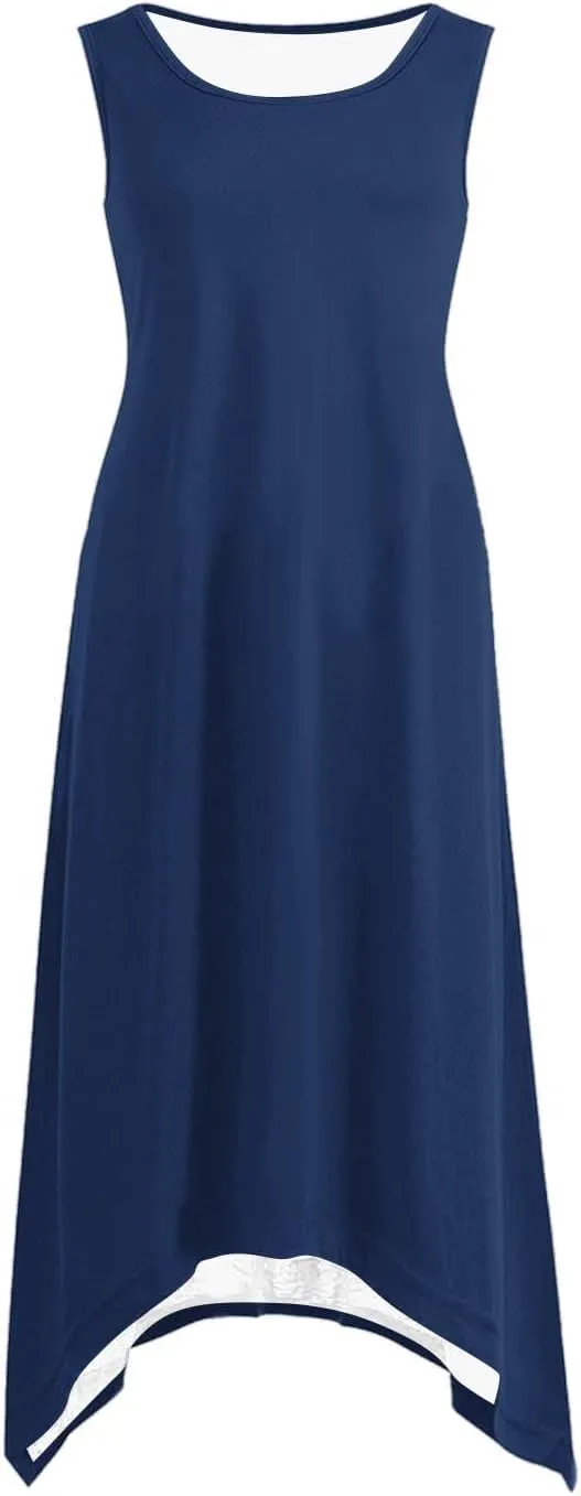 Womens 2025 Summer Casual Dresses Round Neck Sleeveless A Line Flowy Dress Irregular Hem Beach Vacation Midi Dress