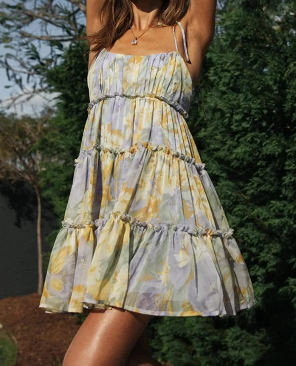 Womens 2025 Summer Floral Mini Dress Boho Flowy Skater Dresses Short Sleeveless Ruffle Spaghetti Strap Dress