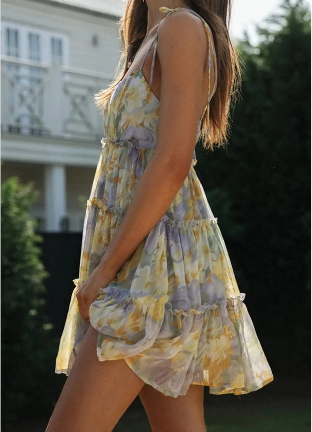 Womens 2025 Summer Floral Mini Dress Boho Flowy Skater Dresses Short Sleeveless Ruffle Spaghetti Strap Dress