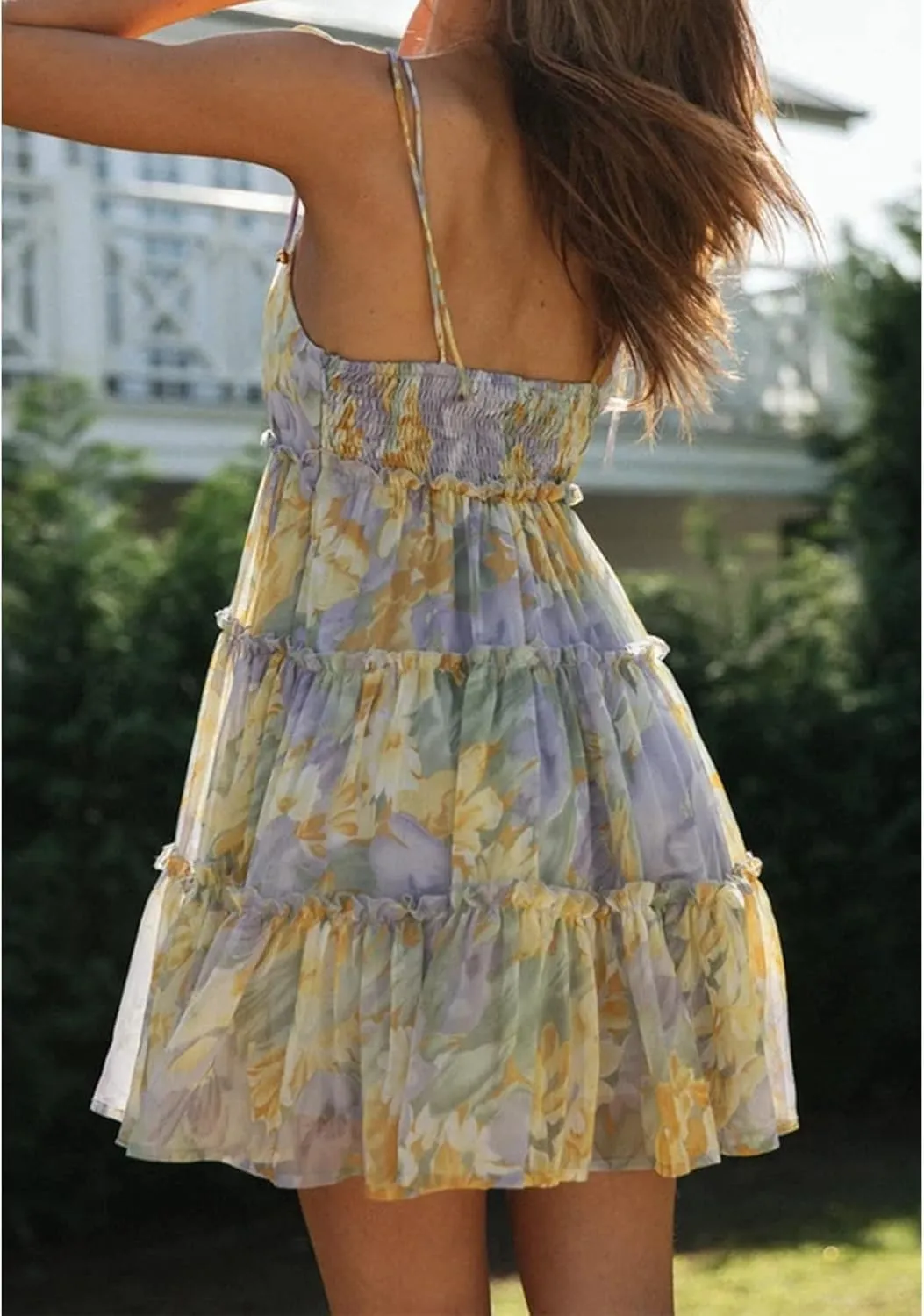 Womens 2025 Summer Floral Mini Dress Boho Flowy Skater Dresses Short Sleeveless Ruffle Spaghetti Strap Dress