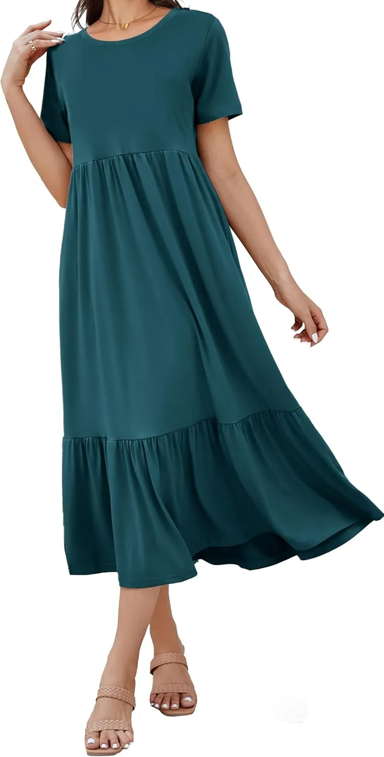 Women's 2025 Summer Short Sleeve Crew Neck Swing Dress Flowy Tiered Maxi Beach Sundress with Pockets