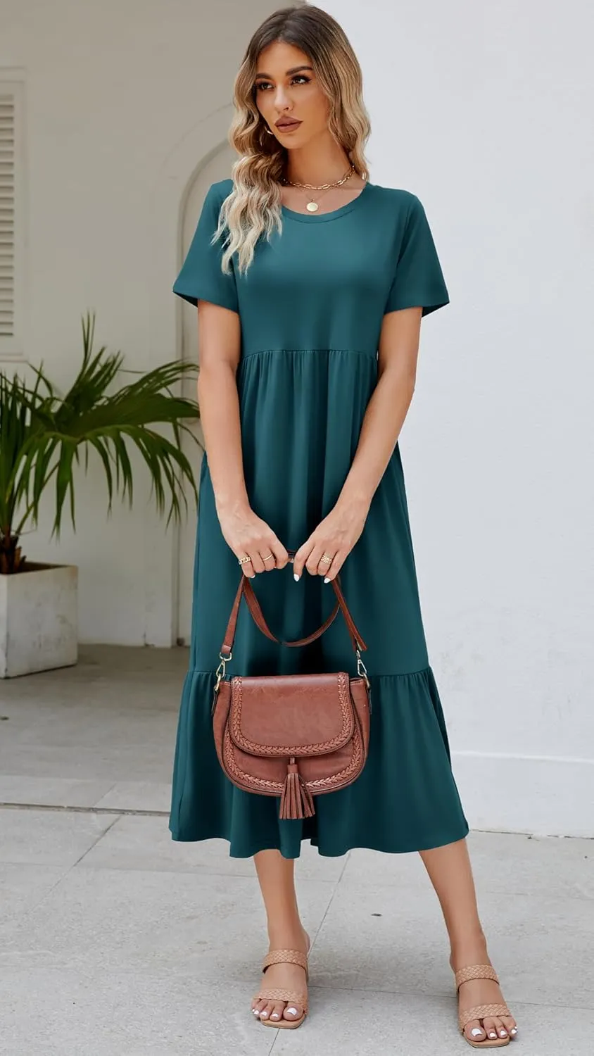 Women's 2025 Summer Short Sleeve Crew Neck Swing Dress Flowy Tiered Maxi Beach Sundress with Pockets