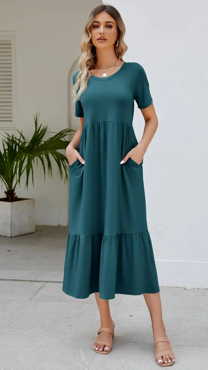 Women's 2025 Summer Short Sleeve Crew Neck Swing Dress Flowy Tiered Maxi Beach Sundress with Pockets