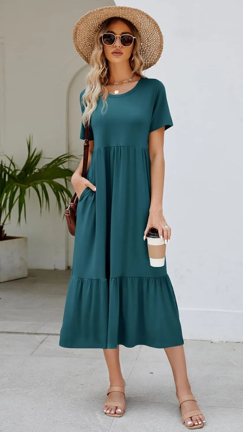 Women's 2025 Summer Short Sleeve Crew Neck Swing Dress Flowy Tiered Maxi Beach Sundress with Pockets