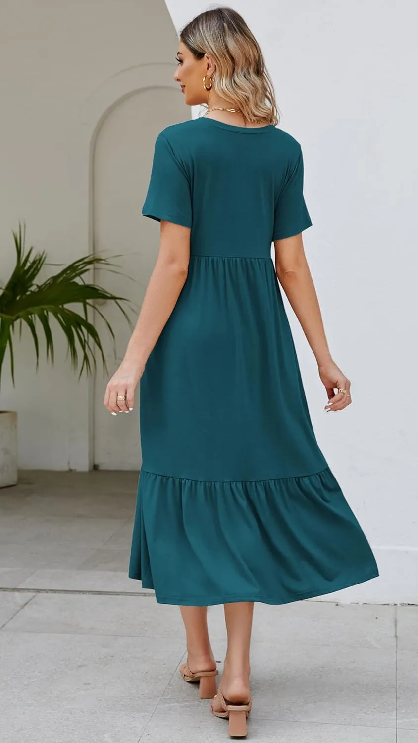 Women's 2025 Summer Short Sleeve Crew Neck Swing Dress Flowy Tiered Maxi Beach Sundress with Pockets