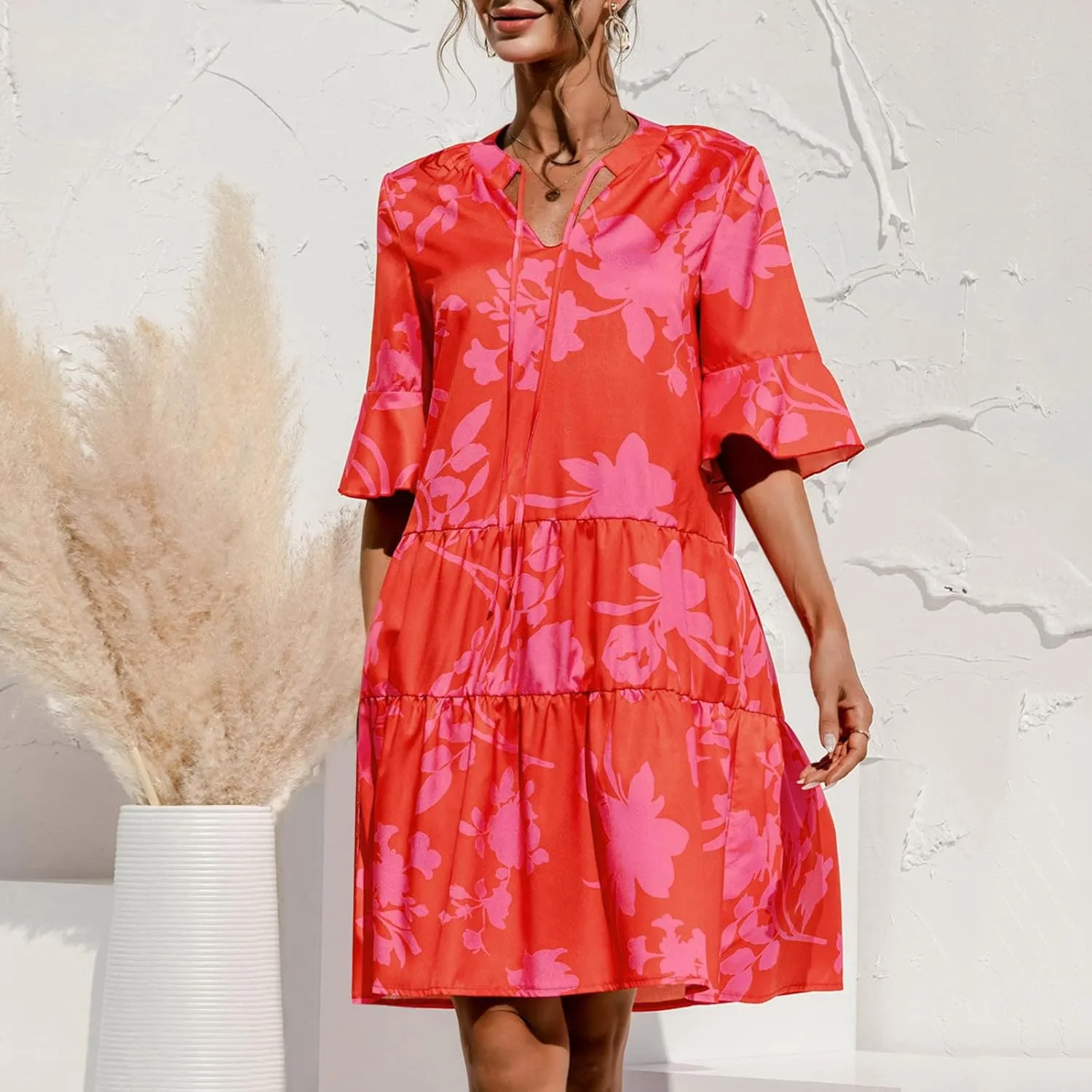Women's 3/4 Puff Sleeves Ruffle Mini Dress V Neck Solid Pleated Dresses for Women 2024