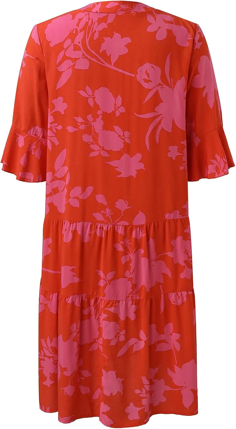 Women's 3/4 Puff Sleeves Ruffle Mini Dress V Neck Solid Pleated Dresses for Women 2024