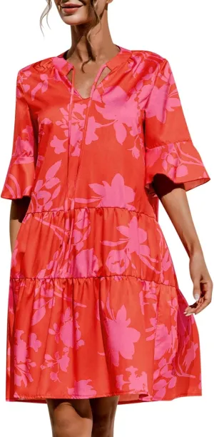Women's 3/4 Puff Sleeves Ruffle Mini Dress V Neck Solid Pleated Dresses for Women 2024
