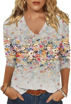 Womens 3/4 Sleeve V Neck T-Shirts Floral Printed Cute Tunic Tops Casual Basic Top Pullover