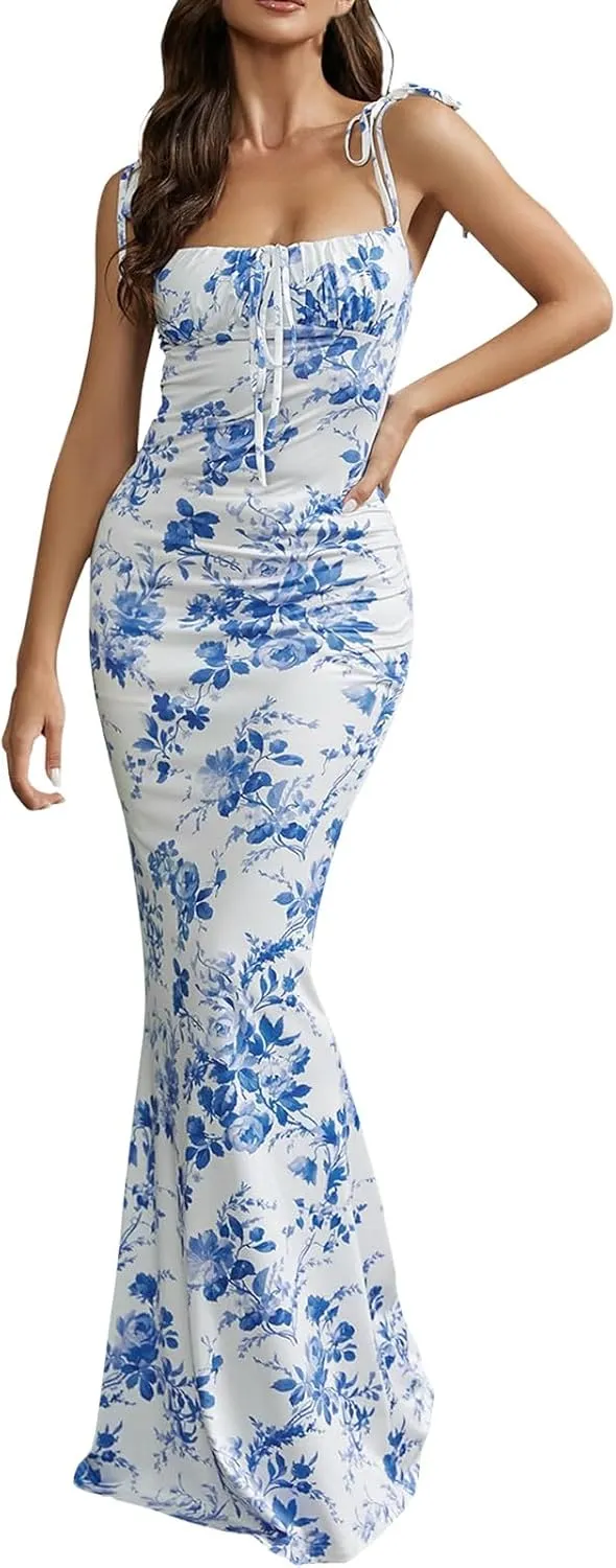 Womens Boho Bodycon Floral Maxi Dress Summer Spaghetti Strap Low Cut Cami Dress Sleeveless Sexy Backless Long Dresses