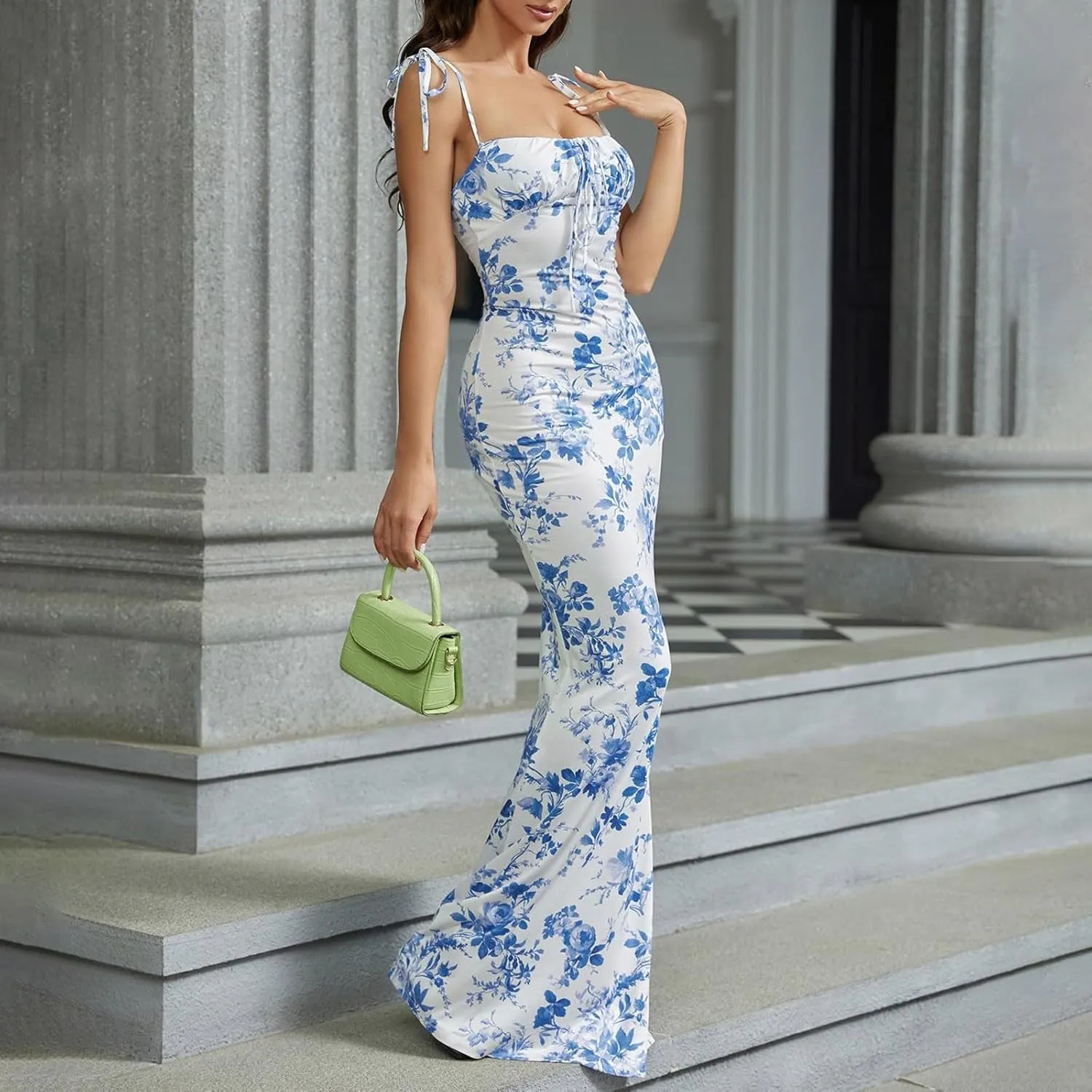 Womens Boho Bodycon Floral Maxi Dress Summer Spaghetti Strap Low Cut Cami Dress Sleeveless Sexy Backless Long Dresses