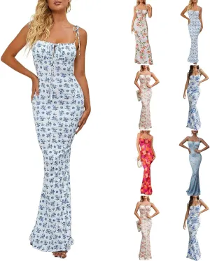 Womens Boho Bodycon Floral Maxi Dress Summer Spaghetti Strap Low Cut Cami Dress Sleeveless Sexy Backless Long Dresses