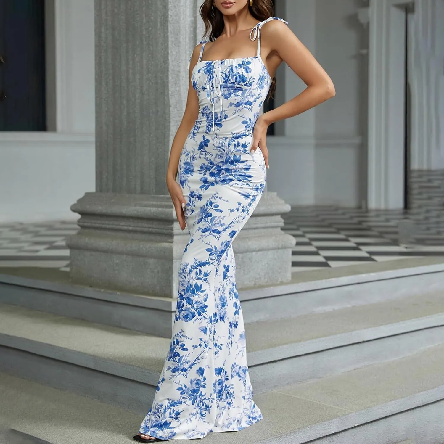 Womens Boho Bodycon Floral Maxi Dress Summer Spaghetti Strap Low Cut Cami Dress Sleeveless Sexy Backless Long Dresses