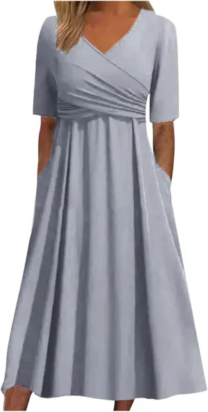 Women's Boho Floral Flowy A Line Midi Dress Casual Loose Summer Short Sleeve Beach Vacation Dresses with Pockets, Small, Zd-grey