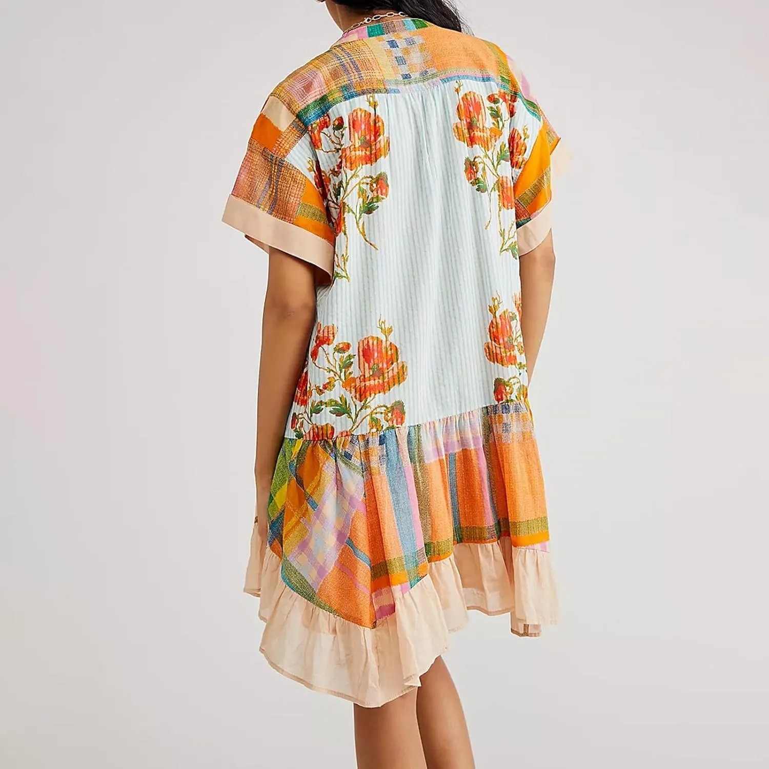 Womens Boho Mini Dress Y2k Floral Puff Sleeve Babydoll Dress 2024 Summer Causal Ruffle Flowy Beach Sundress