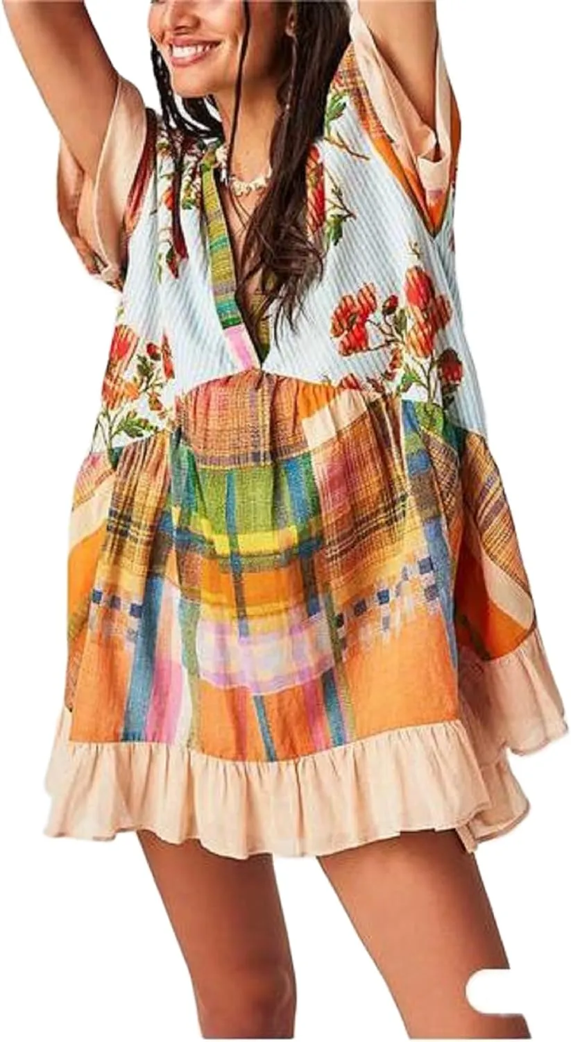 Womens Boho Mini Dress Y2k Floral Puff Sleeve Babydoll Dress 2024 Summer Causal Ruffle Flowy Beach Sundress