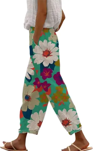 Women's Boho Summer Linen Capri Pants Elastic Drawstring Waist Wide-Leg Trousers with Pockets for Travel