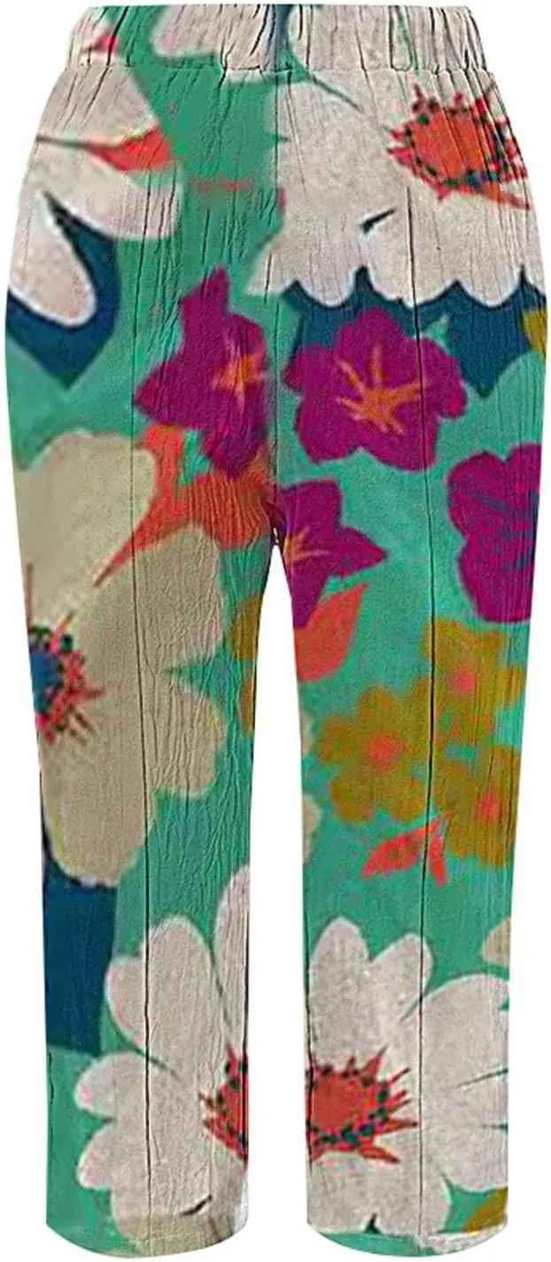 Women's Boho Summer Linen Capri Pants Elastic Drawstring Waist Wide-Leg Trousers with Pockets for Travel