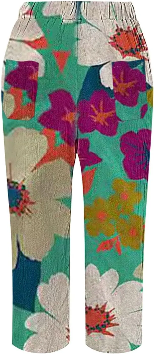 Women's Boho Summer Linen Capri Pants Elastic Drawstring Waist Wide-Leg Trousers with Pockets for Travel