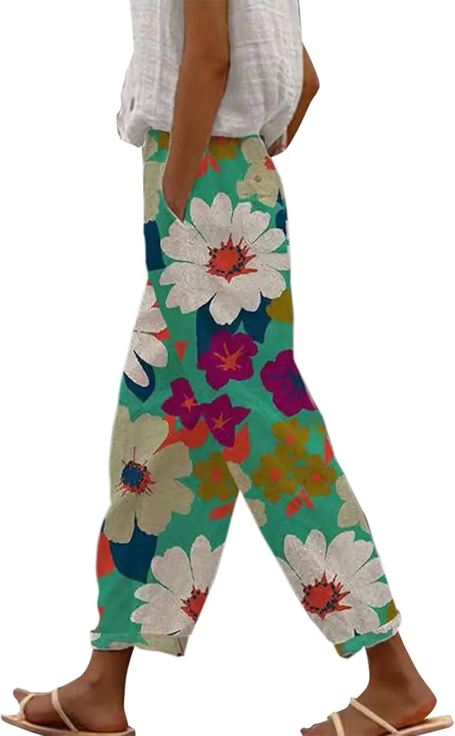 Women's Boho Summer Linen Capri Pants Elastic Drawstring Waist Wide-Leg Trousers with Pockets for Travel