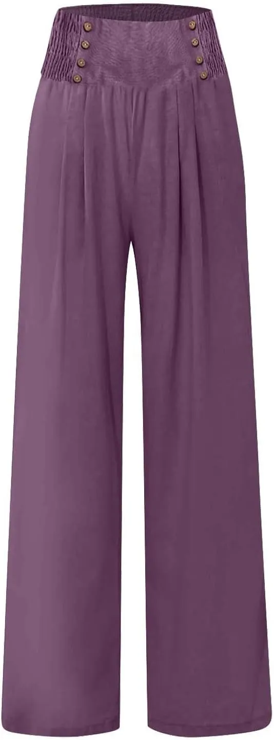 Womens Button Elastic Waisted Linen Trousers Summer Solid Color Casual with Pockets Outing Capris Length Pants 2025