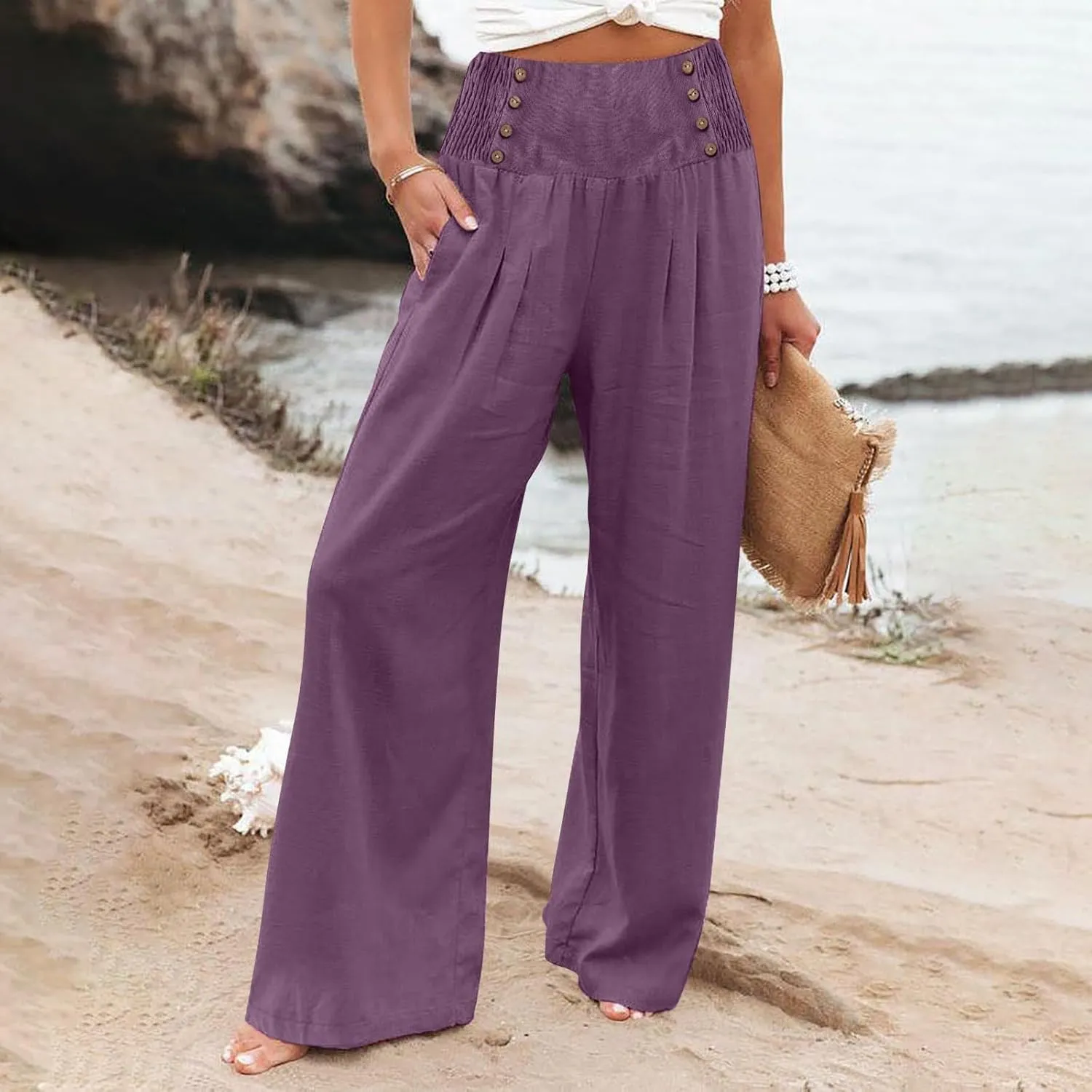 Womens Button Elastic Waisted Linen Trousers Summer Solid Color Casual with Pockets Outing Capris Length Pants 2025
