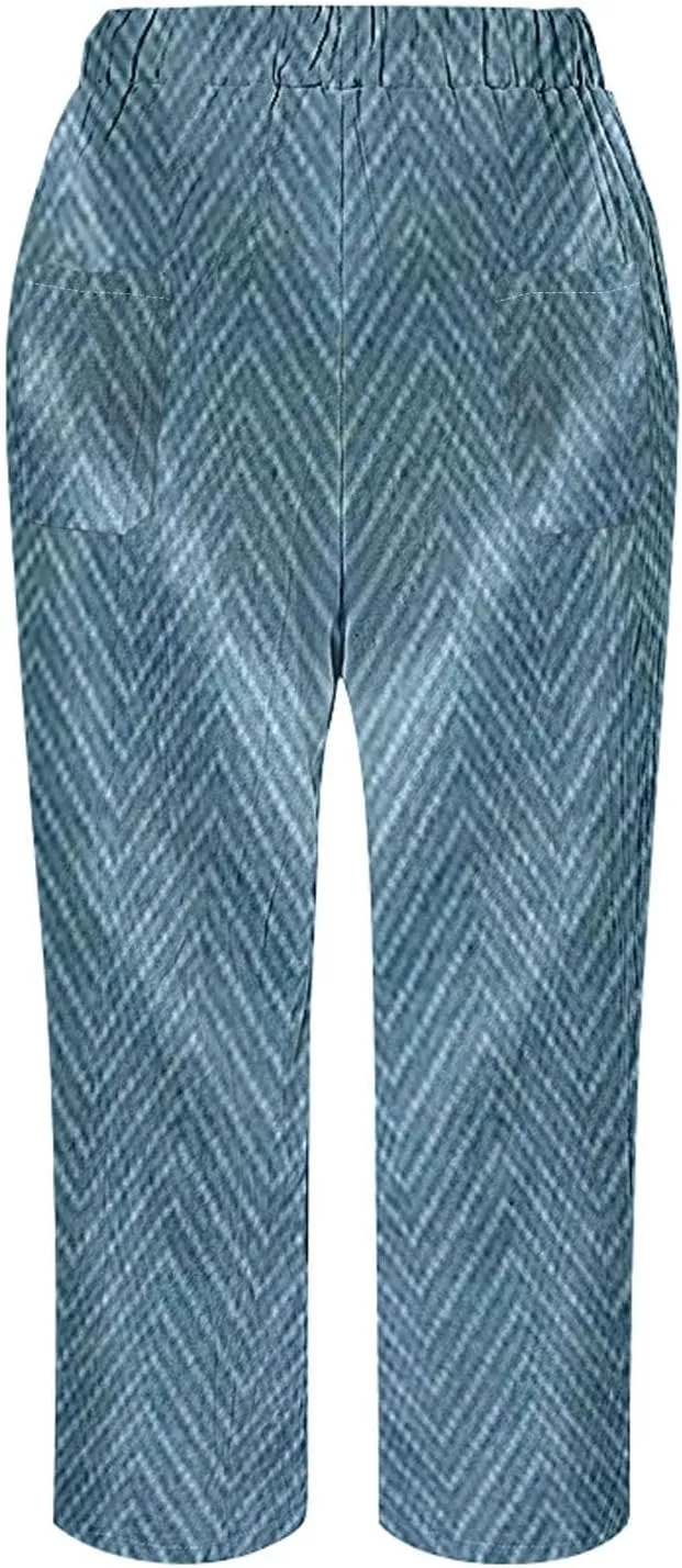 Women's Capris Elastic Cropped Trousers Boho Drawstring Linen Waist Wide-Leg Pants for Travel Beach