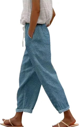 Women's Capris Elastic Cropped Trousers Boho Drawstring Linen Waist Wide-Leg Pants for Travel Beach